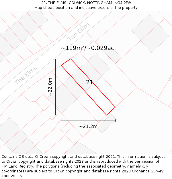 21, THE ELMS, COLWICK, NOTTINGHAM, NG4 2FW: Plot and title map