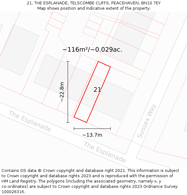 21, THE ESPLANADE, TELSCOMBE CLIFFS, PEACEHAVEN, BN10 7EY: Plot and title map