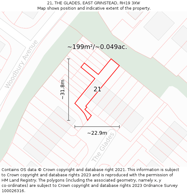 21, THE GLADES, EAST GRINSTEAD, RH19 3XW: Plot and title map