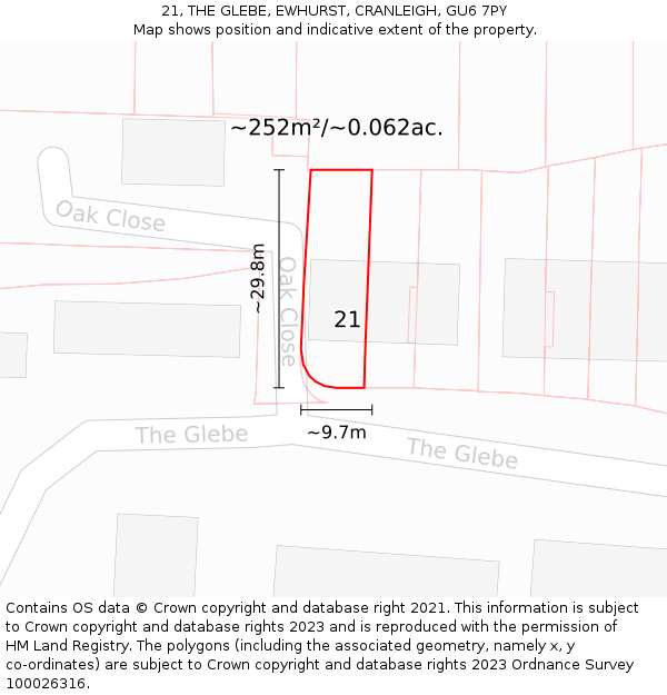 21, THE GLEBE, EWHURST, CRANLEIGH, GU6 7PY: Plot and title map