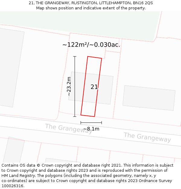 21, THE GRANGEWAY, RUSTINGTON, LITTLEHAMPTON, BN16 2QS: Plot and title map