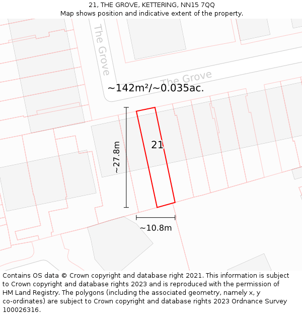 21, THE GROVE, KETTERING, NN15 7QQ: Plot and title map
