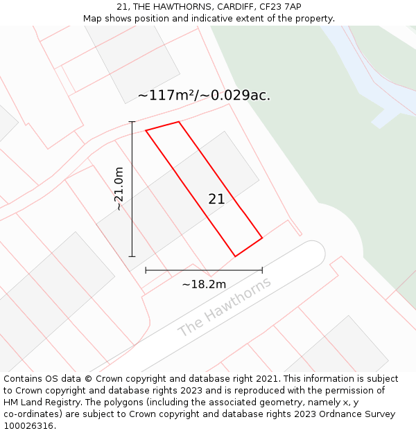 21, THE HAWTHORNS, CARDIFF, CF23 7AP: Plot and title map