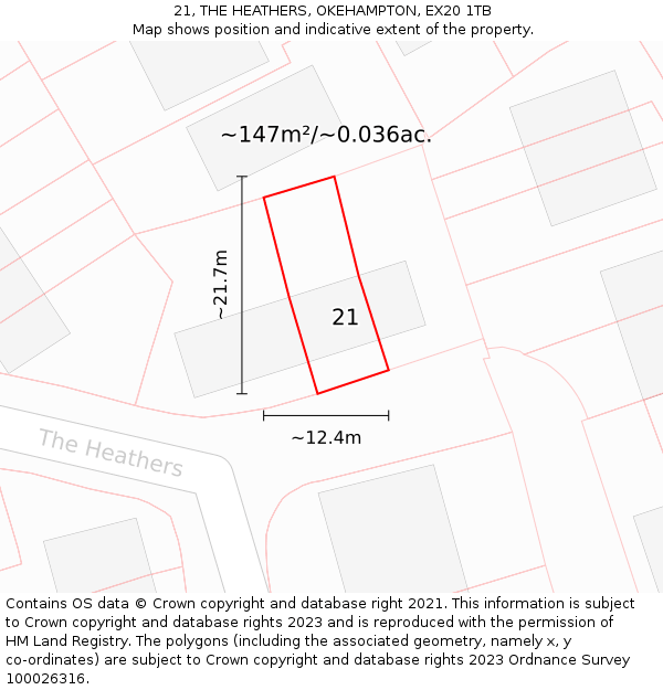 21, THE HEATHERS, OKEHAMPTON, EX20 1TB: Plot and title map