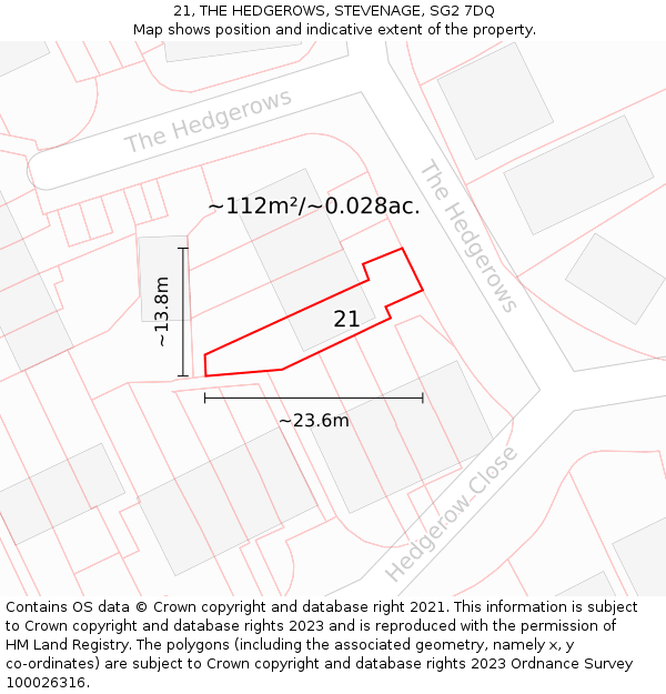 21, THE HEDGEROWS, STEVENAGE, SG2 7DQ: Plot and title map