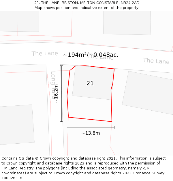 21, THE LANE, BRISTON, MELTON CONSTABLE, NR24 2AD: Plot and title map