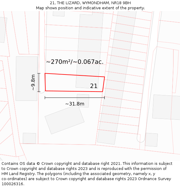 21, THE LIZARD, WYMONDHAM, NR18 9BH: Plot and title map
