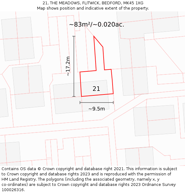 21, THE MEADOWS, FLITWICK, BEDFORD, MK45 1XG: Plot and title map