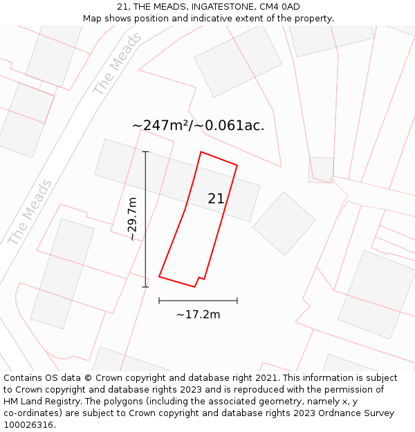 21, THE MEADS, INGATESTONE, CM4 0AD: Plot and title map