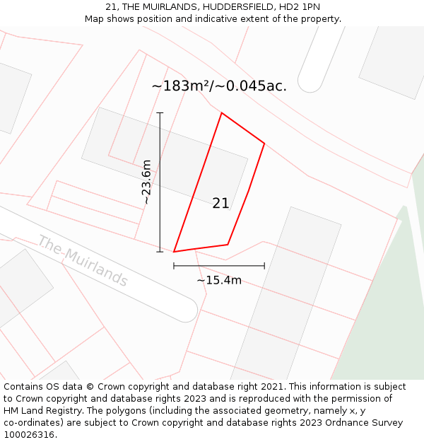 21, THE MUIRLANDS, HUDDERSFIELD, HD2 1PN: Plot and title map