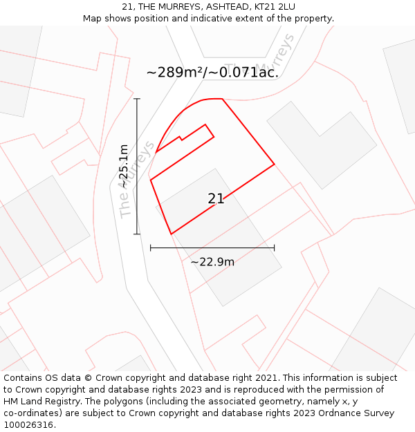 21, THE MURREYS, ASHTEAD, KT21 2LU: Plot and title map