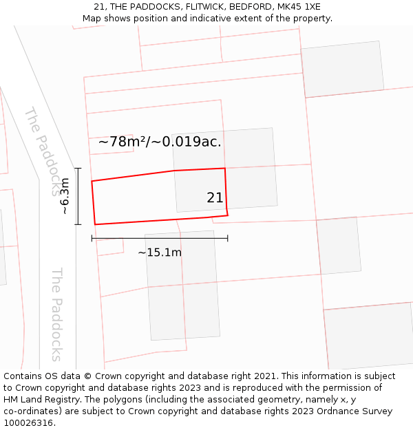 21, THE PADDOCKS, FLITWICK, BEDFORD, MK45 1XE: Plot and title map