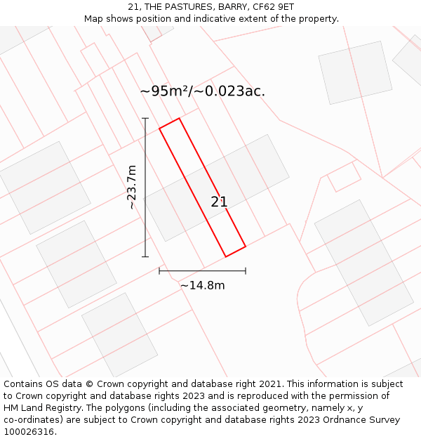 21, THE PASTURES, BARRY, CF62 9ET: Plot and title map