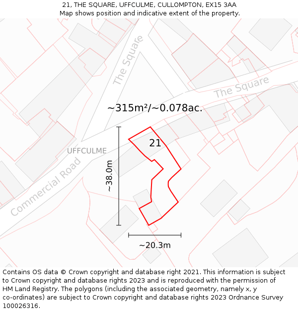 21, THE SQUARE, UFFCULME, CULLOMPTON, EX15 3AA: Plot and title map