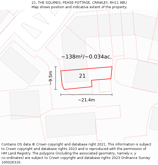 21, THE SQUIRES, PEASE POTTAGE, CRAWLEY, RH11 9BU: Plot and title map