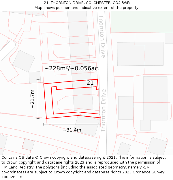 21, THORNTON DRIVE, COLCHESTER, CO4 5WB: Plot and title map