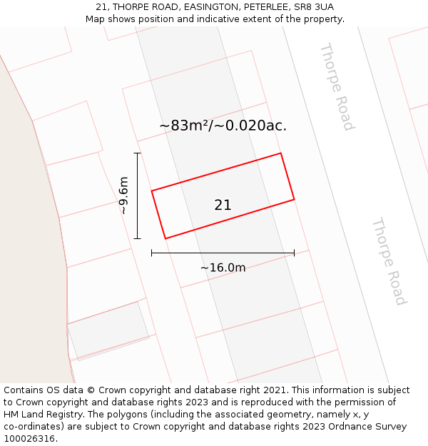 21, THORPE ROAD, EASINGTON, PETERLEE, SR8 3UA: Plot and title map