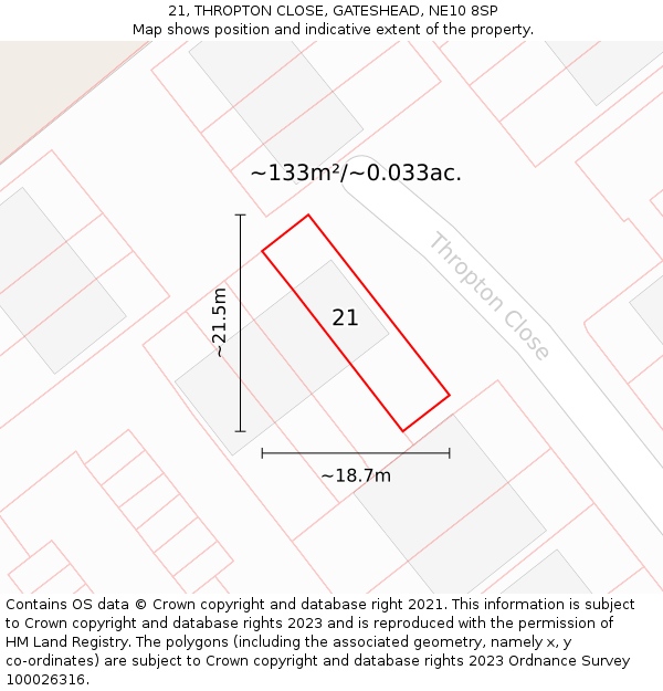 21, THROPTON CLOSE, GATESHEAD, NE10 8SP: Plot and title map