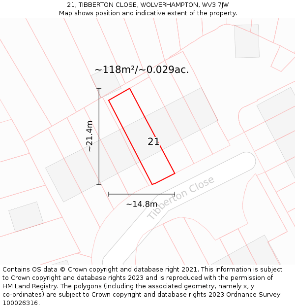 21, TIBBERTON CLOSE, WOLVERHAMPTON, WV3 7JW: Plot and title map