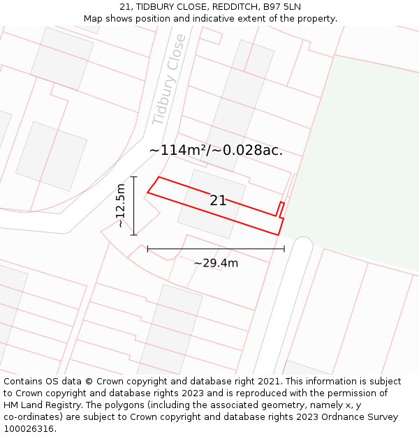 21, TIDBURY CLOSE, REDDITCH, B97 5LN: Plot and title map
