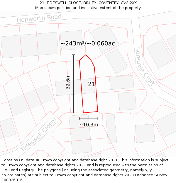 21, TIDESWELL CLOSE, BINLEY, COVENTRY, CV3 2XX: Plot and title map