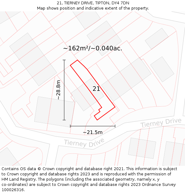 21, TIERNEY DRIVE, TIPTON, DY4 7DN: Plot and title map