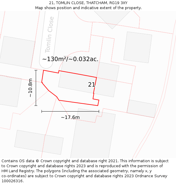 21, TOMLIN CLOSE, THATCHAM, RG19 3XY: Plot and title map