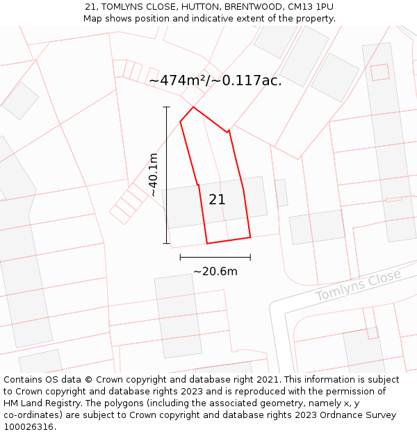 21, TOMLYNS CLOSE, HUTTON, BRENTWOOD, CM13 1PU: Plot and title map