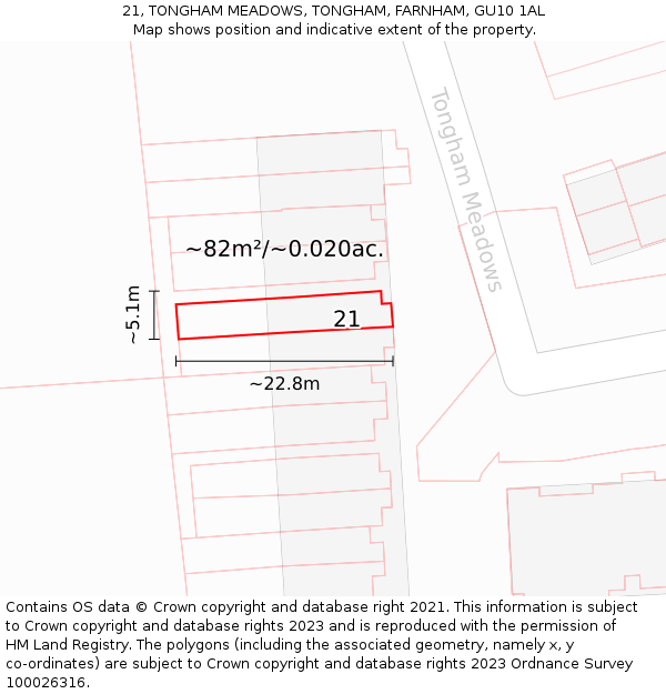 21, TONGHAM MEADOWS, TONGHAM, FARNHAM, GU10 1AL: Plot and title map