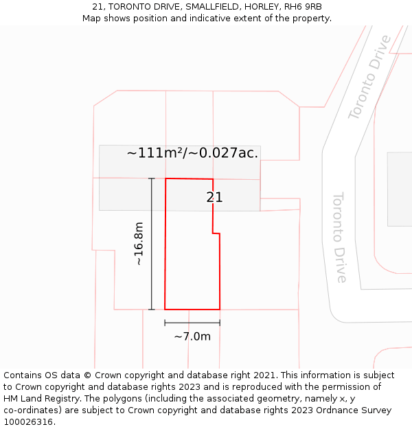 21, TORONTO DRIVE, SMALLFIELD, HORLEY, RH6 9RB: Plot and title map