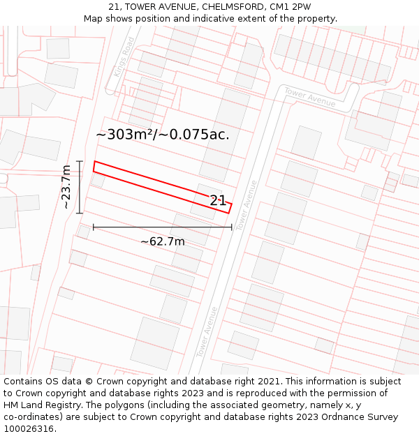 21, TOWER AVENUE, CHELMSFORD, CM1 2PW: Plot and title map