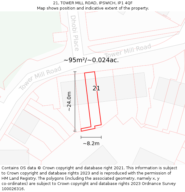 21, TOWER MILL ROAD, IPSWICH, IP1 4QF: Plot and title map