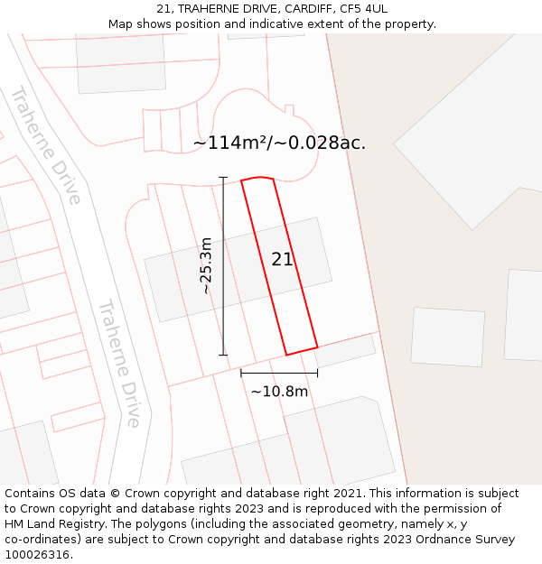 21, TRAHERNE DRIVE, CARDIFF, CF5 4UL: Plot and title map