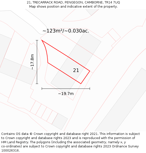 21, TRECARRACK ROAD, PENGEGON, CAMBORNE, TR14 7UQ: Plot and title map