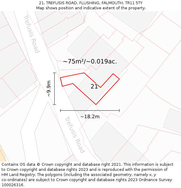 21, TREFUSIS ROAD, FLUSHING, FALMOUTH, TR11 5TY: Plot and title map
