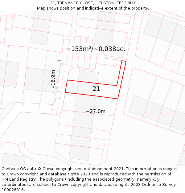 21, TRENANCE CLOSE, HELSTON, TR13 8UX: Plot and title map