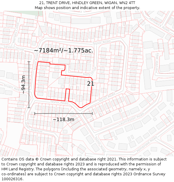 21, TRENT DRIVE, HINDLEY GREEN, WIGAN, WN2 4TT: Plot and title map