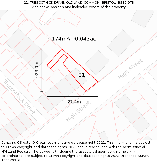 21, TRESCOTHICK DRIVE, OLDLAND COMMON, BRISTOL, BS30 9TB: Plot and title map