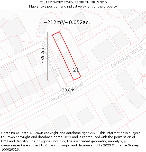21, TREVINGEY ROAD, REDRUTH, TR15 3DQ: Plot and title map