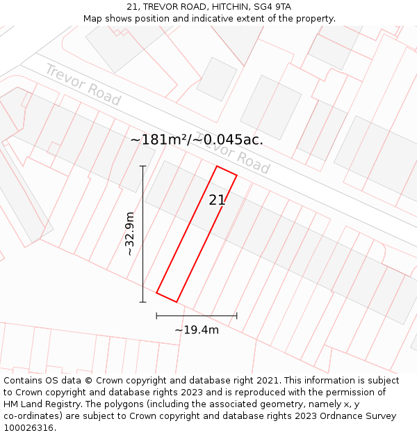 21, TREVOR ROAD, HITCHIN, SG4 9TA: Plot and title map