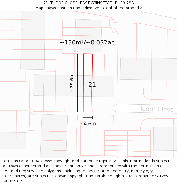 21, TUDOR CLOSE, EAST GRINSTEAD, RH19 4SA: Plot and title map