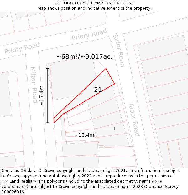 21, TUDOR ROAD, HAMPTON, TW12 2NH: Plot and title map