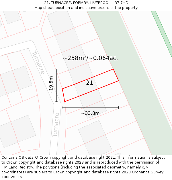 21, TURNACRE, FORMBY, LIVERPOOL, L37 7HD: Plot and title map