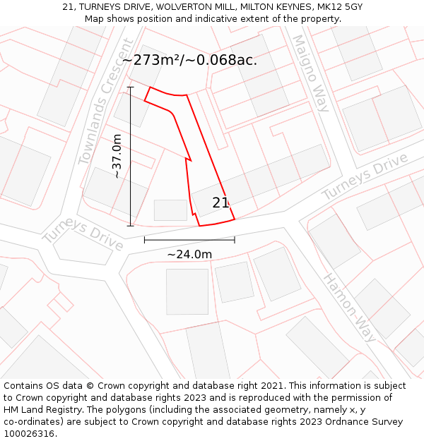 21, TURNEYS DRIVE, WOLVERTON MILL, MILTON KEYNES, MK12 5GY: Plot and title map