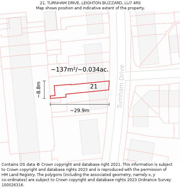 21, TURNHAM DRIVE, LEIGHTON BUZZARD, LU7 4RS: Plot and title map