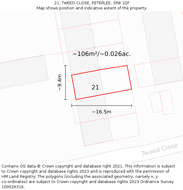 21, TWEED CLOSE, PETERLEE, SR8 1DF: Plot and title map