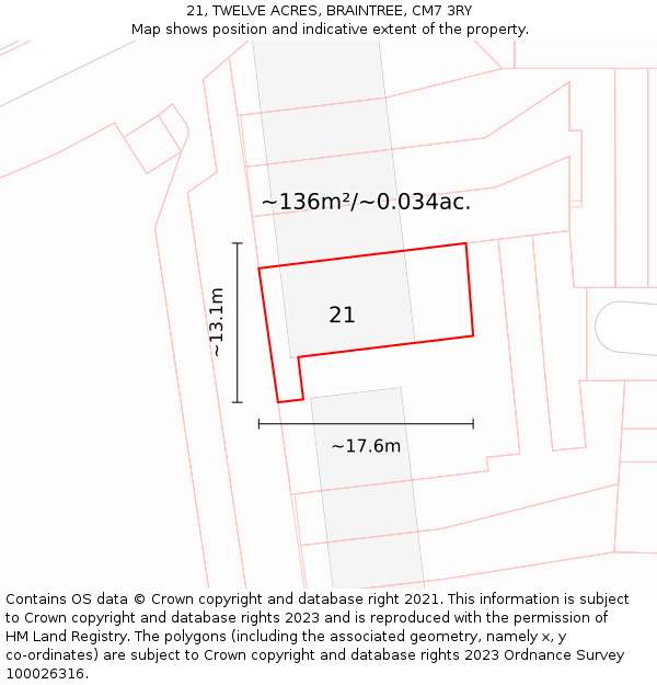 21, TWELVE ACRES, BRAINTREE, CM7 3RY: Plot and title map