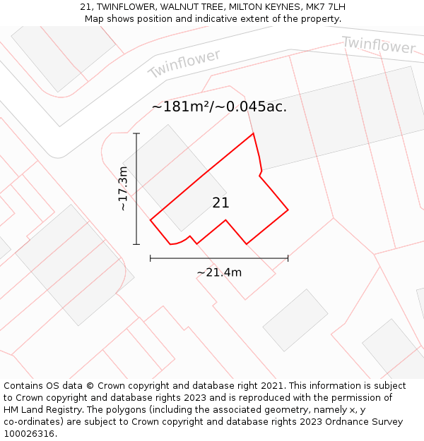 21, TWINFLOWER, WALNUT TREE, MILTON KEYNES, MK7 7LH: Plot and title map