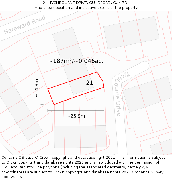 21, TYCHBOURNE DRIVE, GUILDFORD, GU4 7DH: Plot and title map