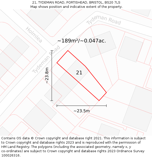21, TYDEMAN ROAD, PORTISHEAD, BRISTOL, BS20 7LS: Plot and title map